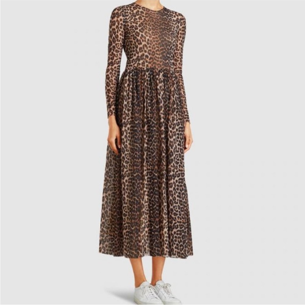 Ganni Tilden Mesh Dress, Leopard, 36